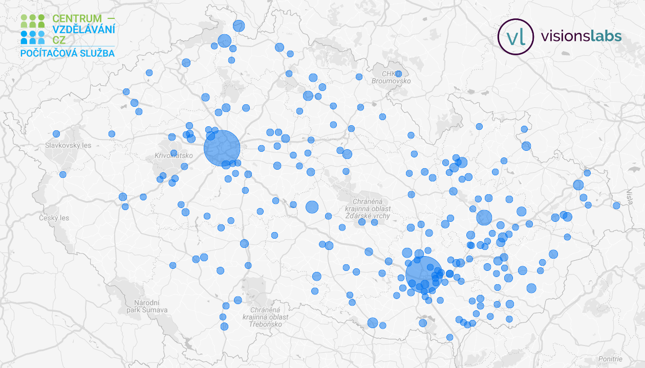 CENTRUM-VZDĚLÁVÁNÍ.CZ - mapa měst účastníků on-line výuky