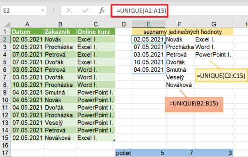 Jedinečné hodnoty v Excelu pomocí funkce Unique